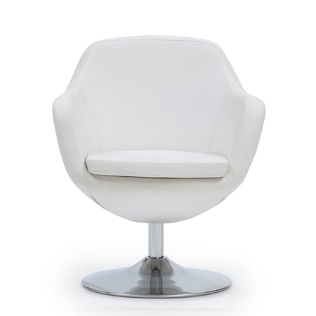 Caisson Faux Leather Swivel Accent Chair In White And Polished Chrome